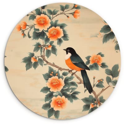 WallCircle® Wandcirkel 120x120 cm - Muurcirkel Vogel - Tak - Bloemen - Oranje - Muurdecoratie woonkamer - Wanddecoratie slaapkamer - Kamer decoratie accessoires - Ronde schilderijen XXL