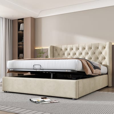 140 x 200 cm Orenvormig Gestoffeerd bed met veel opbergruimte - Tweepersoonsbed - opbergbed - Zonder matras - Beige