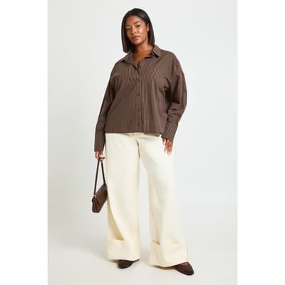 boohoo Dames Plus Wijde Pijpenbroek Met Omgeslagen Zoom In Twill | Ecru | Maat: 44