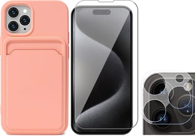 Hoesje Pasjeshouder geschikt voor iPhone 15 Pro - Screenprotector GlassGuard + Camera Lens Screen Protector - Siliconen Case Back Cover Roze