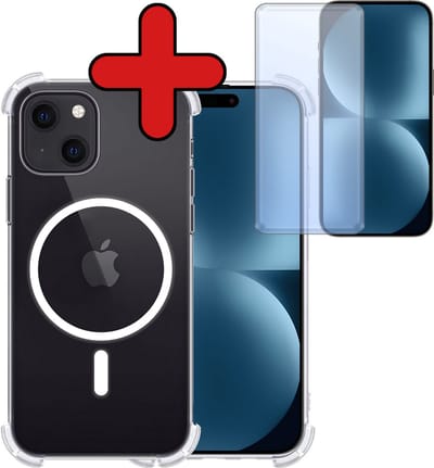 Hoesje - Met Screenprotector - Geschikt voor Apple iPhone 15 - Magsafe Compatible - Sterk & Shockproof - Shock Proof Case - Back Cover - Telefoon Hoes - Telefoonhoes - Transparant