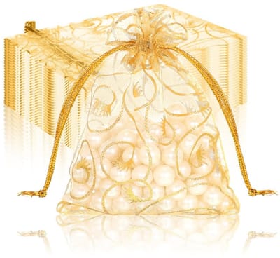 longziming -Goud Organzabezakjes - Kleurrijke Stoffen Tasje - Cadeauzak Met Koord - Veilig Sluiten Met Trekkoord - Zachte Organza Stof - Luxe Uitstraling Voor Feesten - Ideaal Voor Sieradenopslag - 100 Stuks