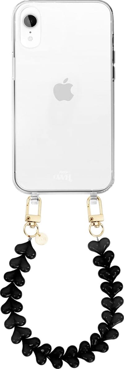 xoxo Wildhearts siliconen hoesje - Geschikt voor iPhone XR hoesje - Funky Hearts - Telefoonhoesje - Hoesje met koord - Zwart koord - kort telefoonkoord - Hartjes ketting - Transparant hoesje