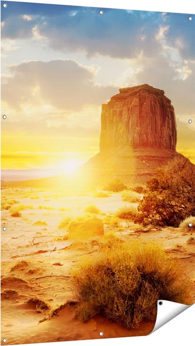 Gards Tuinposter Zonsondergang in Woestijn Monument Valley - 100x150 cm - Tuindoek - Tuindecoratie - Wanddecoratie buiten - Tuinschilderij