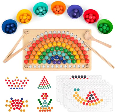 Flero Montessori Speelgoed met Regenboogkralen voor Kinderen vanaf 3 Jaar - Houten Sorteer- en Stapelspel - Educatief Leerspel met Patroonkaarten - Educatief Montessori Speelgoed, Houten Speelgoed, Kleuren Leren, Fijne Motoriek, Verjaardagscadeau
