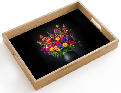 Dienblad hout 40x30 cm - Schootdienblad - Felgekleurd - Bloemen - Vaas - Borrelplank rechthoek - Plateau dienbladen