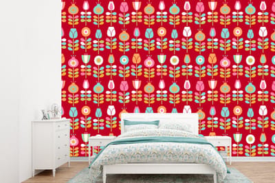 Behang - Fotobehang Patronen - Bloemen - Retro - Rood - Breedte 360 cm x hoogte 260 cm