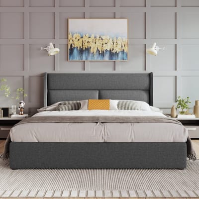 VVBV Gestoffeerd Opbergbed 160x200 cm - Hydraulische Opbergruimte, Opbergruimte - Linnen/Metaal Grijs Zonder Matras