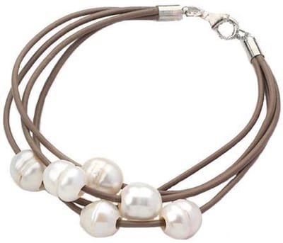 Zoetwater parel armband Leather Pearl White - echte parels - echt leer - sterling zilver (925) - wit - bruin - zilver - luxe sieraden zakje - parel armband dames - zoetwaterparel
