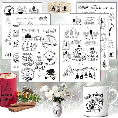 Set van 6 Rub On Stickers voor Kerstmis, Kerstgroeten, Transferfolie voor Kaarsen, Meubels, Glas, Hout en Fotoalbums, DIY Kerstdecoratie, Esthetische Stickers en Creatieve Projecten