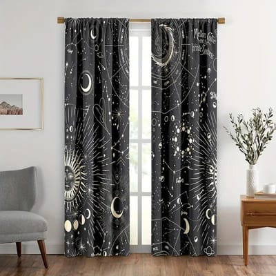 2 stuks Zodiac Constellatie Gordijnen, Astrologie Halve Maan Fase Melkweg Hemels Gotisch Mystiek Tarot Polyester Stof Raam D 150x166cm black