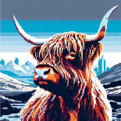 Pixel art schotse hooglander schilderij | Geometrische weide: moderne interpretatie van de majestueuze Schotse Hooglander | Kunst - 60x60 centimeter op Canvas | Foto op Canvas