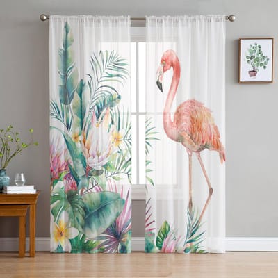 Flamingo Schildpad Blad Tropisch Voile Doorzichtig Gordijn Woonkamer Raam Chiffon Tule Gordijn Keuken Slaapkamer Gordijnen Huis Decoratie 135W x 114H(cm)