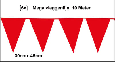 6x Mega vlaggenlijn rood 30cm x 45cm 10 meter - Reuze vlaggenlijn - vlaglijn mega thema feest verjaardag optocht festival