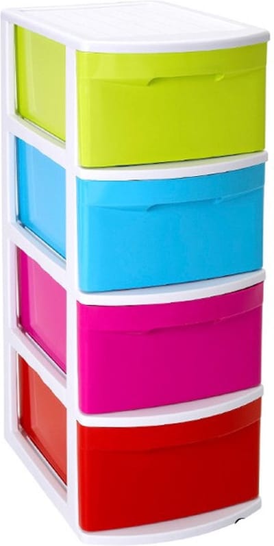Ladeblok/bureau organizer met 4x lades - wit/gekleurd - L39 x B28.5 x H78 cm - kunststof