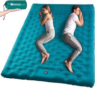 Thijox - Opblaasbare Slaapmat Camping - Extra Dikke Zelfopblazende Mat voor Twee Personen met Voetpomp - Ultrabreed Luchtbed met Kussen - Nylon, Pauwe