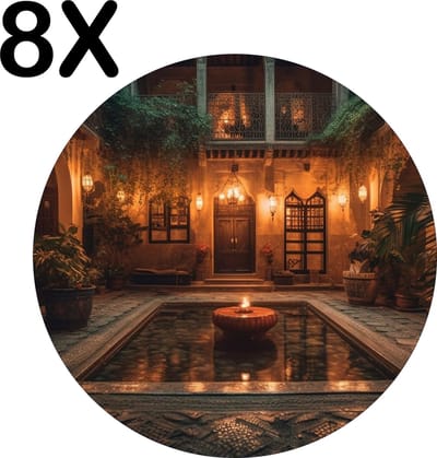 Luxe Ronde Placemat - Kaarsen in een Rustgevend Gebouw - Set van 8 Placemats - 50x50 cm - 2 mm dik Vinyl - Anti Slip - Afneembaar