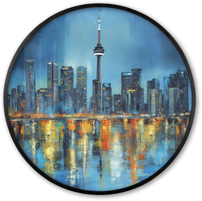 Poster in lijst Rond - Fotolijst 60x60 cm - Posters - Skyline Toronto - Water - Stadslichten - Toren - Ronde posterlijst zwart - Decoratie - Wanddecoratie woonkamer - Muurdecoratie slaapkamer