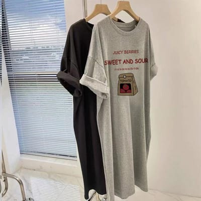 Zomer Losse Koreaanse Versie Puur Katoen T-shirt Dames Grote Maat Lange Casual Rok Retro Top M gray