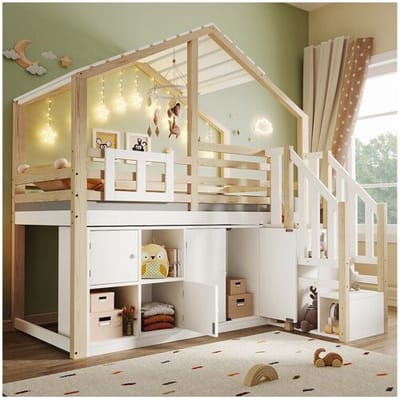 Merax Kinderhoogslaper in de vorm van een huis - 90 x 200 cm - met kastjes + opbergladder - hout - wit + naturel