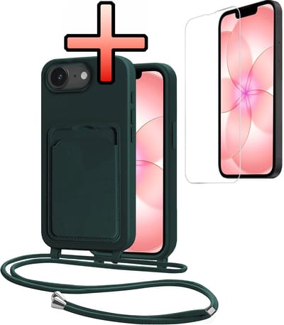 Hoes Geschikt voor iPhone 17e Met Telefoonkoord Met Screenprotector - Siliconen Hoesje Backcover Met Ketting - Donkergroen