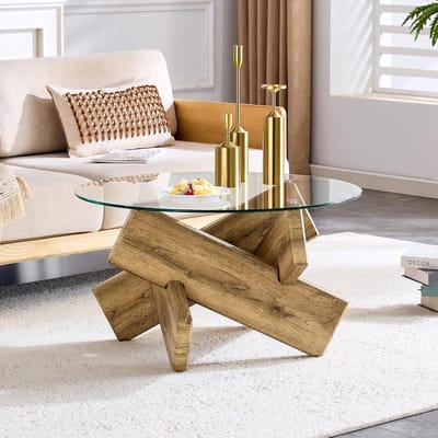 Ronde salontafel - Glazen tafel - Woonkamer inrichten - Kruis houten frame - 79 cm diameter - Houtkleur