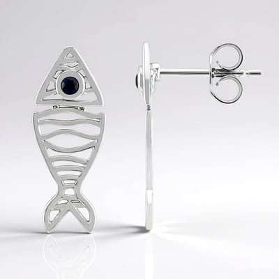 Cavill - 925 Sterling Zilver Oorbellen met Blauwe Saffier 0,076 ct - Platina Geplateerd - Filigraan Vis Design - 20 mm
