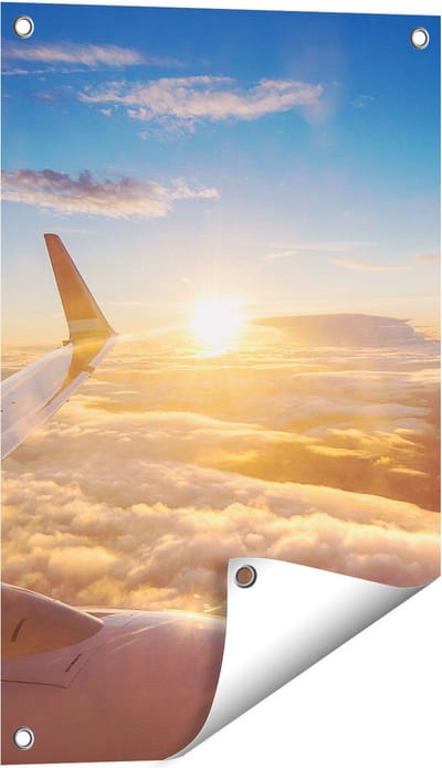 Gards Tuinposter Vliegtuig in de Lucht met de Zon - 40x60 cm - Tuindoek - Tuindecoratie - Wanddecoratie buiten - Tuinschilderij