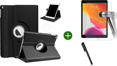 Hoes geschikt voor iPad 2021/2020/2019 (10.2 inch) draaibaar + screenprotector - tempered glass + stylus pen - Zwart