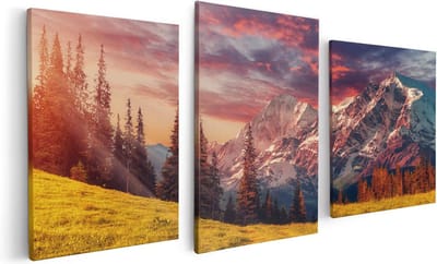 Artaza Canvas Schilderij Drieluik Alpen Landschap Met Een Kleurrijke Hemel - 120x60 cm - Wanddecoratie Woonkamer - Schilderijen - Muurdecoratie