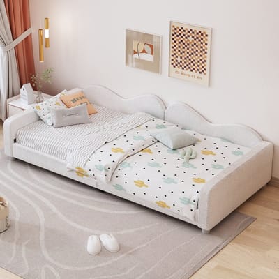 REDOM kinderbed 90x200 cm – Teddystof wit – Multifunctioneel (bed/slaapbank) – Links/rechts plaatsbaar – 12 latten – 120 kg