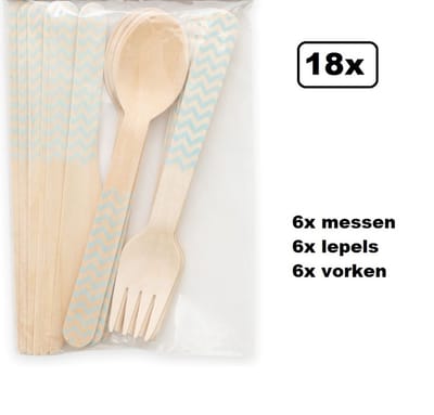 Bestekset wave baby blauw - 18 delig - hout - Kraamfeest geboorte babyshower thema feest festival