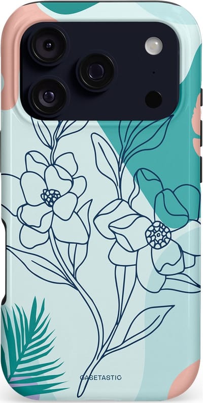 Casetastic hoesje geschikt voor Apple iPhone 17 Pro - MagSafe - Dubbellaagse bescherming - Zeegroen Bloemenfestijn - Fashion Case - Lichtgrijs Turquoise Perzik