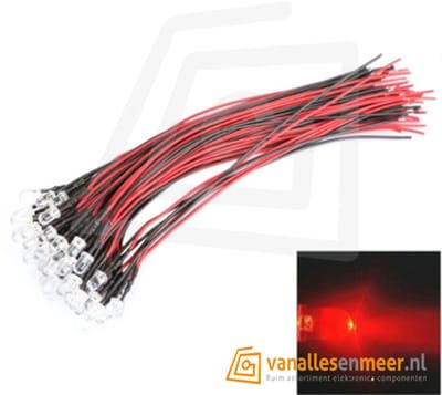 3 mm Helder LED met Kabel – 12 V – rood – Set van 10 Stuks