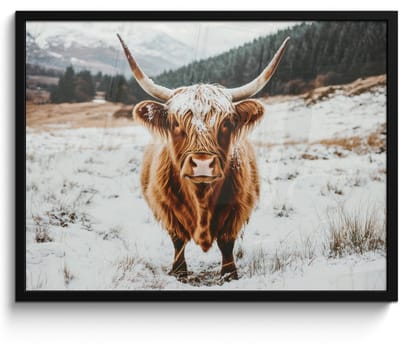 Poster in lijst - Fotolijst 70x50 cm - Posters - Schotse Hooglander - Landschap - Sneeuw - Bergen - Winter - Posterlijst zwart - Decoratie - Wanddecoratie woonkamer - Muurdecoratie slaapkamer
