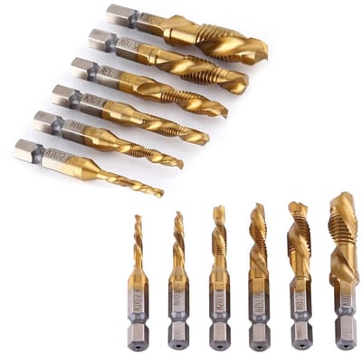 6-delige HSS verzinkboor en tapset voor metrische schroefdraad, 1/4" hex shank voor M3-M10, ideaal voor precisiewerk en metaalbewerking