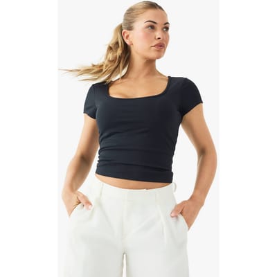 boohoo Dames Boterzacht Ingebouwde Gevoerde Top met Sweetheart Hals en Cap Mouwen | Black | Maat: 8