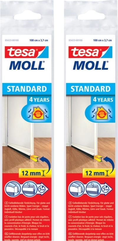 2x stuks tesa zelfklevende tochtstrip/dorpelstrip met borstel wit 1 mtr x 37 mm - Tochtstrips/tochtstroken voor deuren