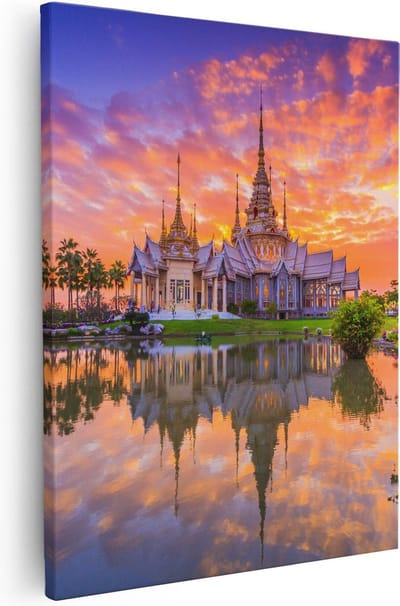 Artaza Canvas Schilderij Tempel Thailand - 40x50 cm - Wanddecoratie Zon - Muurdecoratie Reflectie - Kamer Accessoires