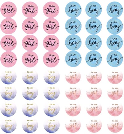 Dailygoods- Geslachtsstickers Set van 48 - Team Jongens/Team Meisjes - Genderonthulling Stickers - Lichtgewicht/Duurzaam - 3 cm Rond - Heldere Kleuren