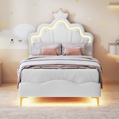 Kinderbed 90x200 cm, met LED-verlichting, prinsessenbed, kroonbed, meisjesbed/kinderbed/eenpersoonsbed, plat bed, PU, ​​wit