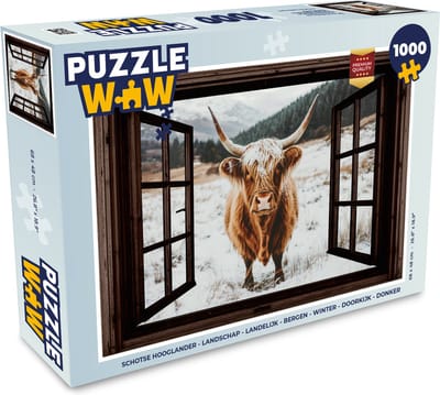 Puzzel Schotse Hooglander - Landschap - Landelijk - Bergen - Winter - Doorkijk - Donker - Legpuzzel - Puzzel 1000 stukjes volwassenen