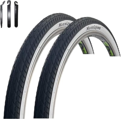 2x Fietsbanden 26 inch 47-559 Zwart/Wit inclusief Bandenlichter