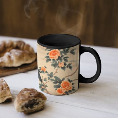 Magische Mok - Foto op Warmte Mokken - Koffiemok - Vogel - Tak - Bloemen - Oranje - Magic Mok - Beker - 350 ML - Theemok
