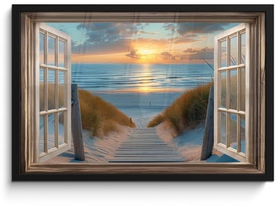 Poster in lijst - Fotolijst 60x40 cm - Posters - Doorkijk - Strand - Pad - Zonsondergang - Posterlijst zwart - Decoratie - Wanddecoratie woonkamer - Muurdecoratie slaapkamer