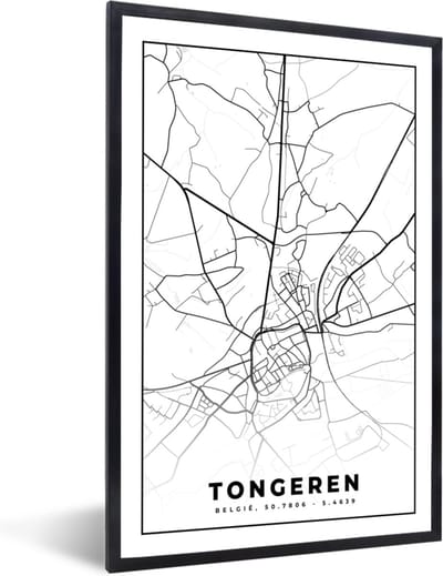 Fotolijst incl. Poster Zwart Wit- Plattegrond – Tongeren – Zwart Wit – Stadskaart - Kaart - België - 40x60 cm - Posterlijst