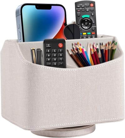 Multifunctionele Organizer voor Bedside Table met 360 Graden Rotatie, PU Leer, Opbergbak voor iPad Mini, Telefoon en Pennen (Beige)