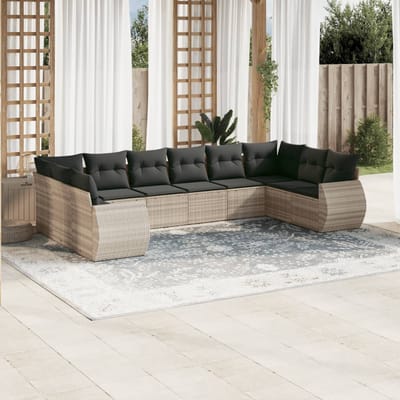 vidaXL - 10-delige - Loungeset - met - kussens - poly - rattan - lichtgrijs