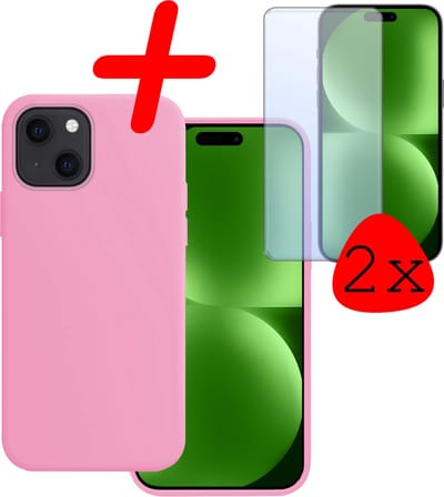 Hoesje Met 2x Screenprotector - Geschikt voor Apple iPhone 15 - Sterk & Shockproof - Back Cover - Siliconen Case - Telefoon Hoes - Lichtroze