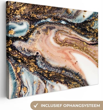 Canvas schilderij 40x30 cm - Wanddecoratie Marmerlook - Goud - Zwart - Glitter - Chic - Muurdecoratie woonkamer - Slaapkamer decoratie - Kamer accessoires - Schilderijen op canvas